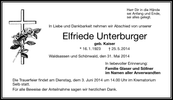 Traueranzeige von Elfriede Unterburger von Frankenpost