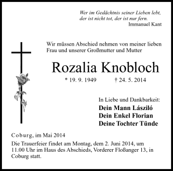 Traueranzeige von Rozalia Knobloch von Neue Presse Coburg