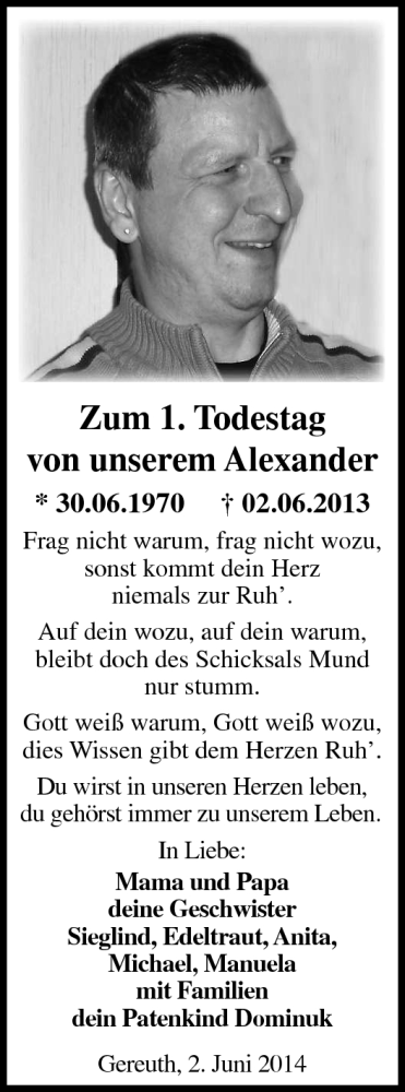  Traueranzeige für Alexander Steppert vom 02.06.2014 aus Neue Presse Coburg