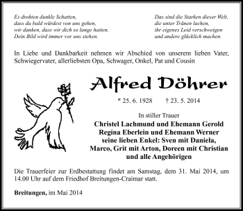 Traueranzeige von Alfred Döhrer von Südthüringer Presse