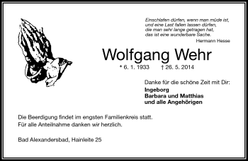 Traueranzeige von Wolfgang Wehr von Frankenpost