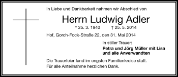 Traueranzeige von Ludwig Adler von Frankenpost