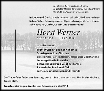 Traueranzeige von Horst Werner von Südthüringer Presse