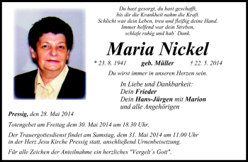 Traueranzeige von Maria Nickel von Neue Presse Coburg