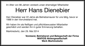 Traueranzeige von Hans Dienebier von Frankenpost