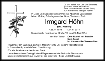 Traueranzeige von Irmgard Höhn von Frankenpost