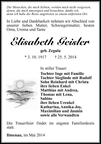 Traueranzeige von Elisabeth Geisler von Südthüringer Presse