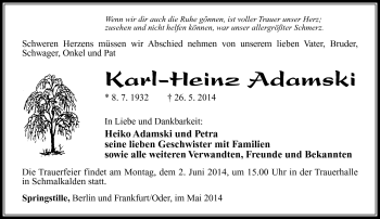 Traueranzeige von Karl-Heinz Adamski von Südthüringer Presse