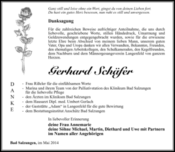 Traueranzeige von Gerhard Schäfer von Südthüringer Presse