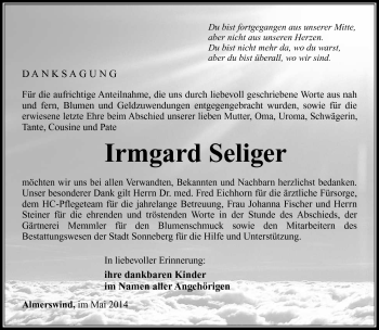 Traueranzeige von Irmgard Seliger von Südthüringer Presse