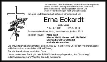 Traueranzeige von Erna Eckardt von Frankenpost