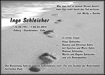 Traueranzeige von Inge Schleicher von Neue Presse Coburg