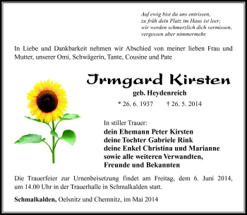 Traueranzeige von Irmgard Kirsten von Südthüringer Presse