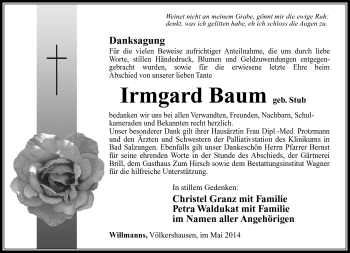 Traueranzeige von Irmgard Baum von Südthüringer Presse