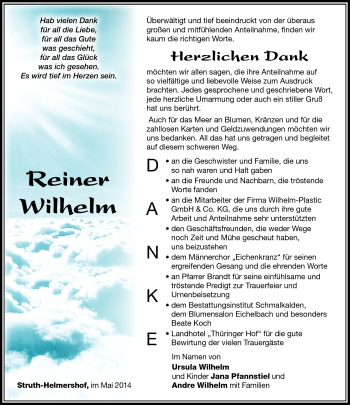 Traueranzeige von Reiner Wilhelm von Südthüringer Presse
