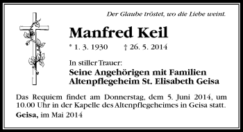 Traueranzeige von Manfred Keil von Südthüringer Presse