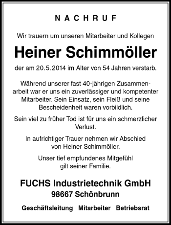 Traueranzeige von Heiner Schimmöller von Südthüringer Presse