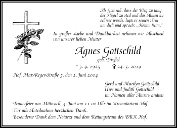 Traueranzeige von Agnes Gottschild von Frankenpost