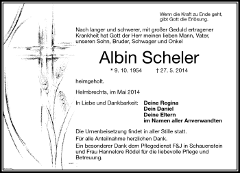 Traueranzeige von Albin Scheler von Frankenpost