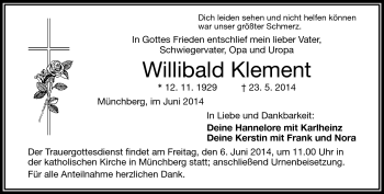 Traueranzeige von Willibald Klement von Frankenpost