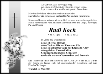 Traueranzeige von Rudi Koch von Südthüringer Presse