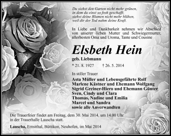 Traueranzeige von Elsbeth Hein von Südthüringer Presse
