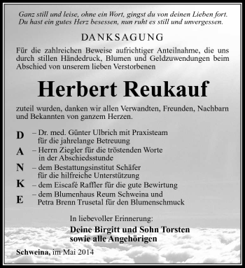 Traueranzeige von Herbert Reukauf von Südthüringer Presse