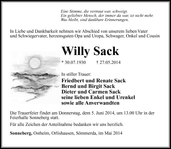 Traueranzeige von Willy Sack von Südthüringer Presse
