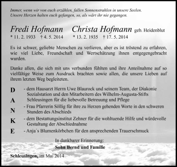 Traueranzeige von Fredi und Christa Hofmann von Südthüringer Presse