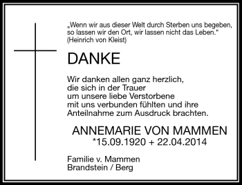 Traueranzeige von Annemarie von Mammen von Frankenpost