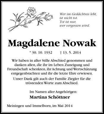 Traueranzeige von Magdalene Nowak von Südthüringer Presse