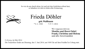 Traueranzeige von Frieda Döhler von Neue Presse Coburg