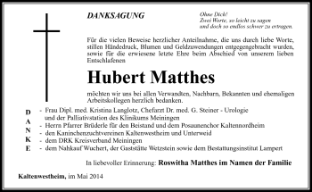Traueranzeige von Hubert Matthes von Südthüringer Presse