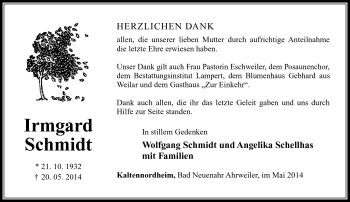 Traueranzeige von Irmgard Schmidt von Südthüringer Presse