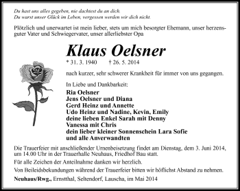Traueranzeige von Klaus Oelsner von Südthüringer Presse