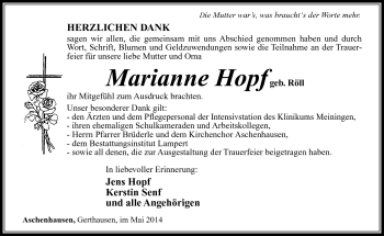 Traueranzeige von Marianne Hopf von Südthüringer Presse