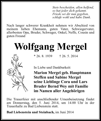 Traueranzeige von Wolfgang Mergel von Südthüringer Presse