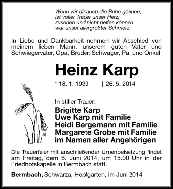 Traueranzeige von Heinz Karp von Südthüringer Presse