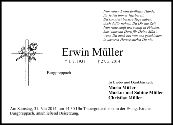 Traueranzeige von Erwin Müller von Neue Presse Coburg