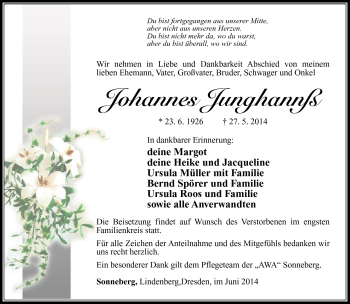 Traueranzeige von Johannes Junghannß von Südthüringer Presse