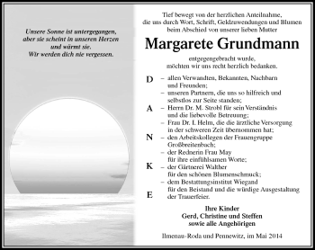 Traueranzeige von Margarete Grundmann von Südthüringer Presse