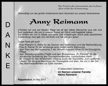 Traueranzeige von Anny Reimann von Südthüringer Presse