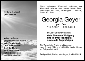 Traueranzeige von Georgia Geyer von Südthüringer Presse