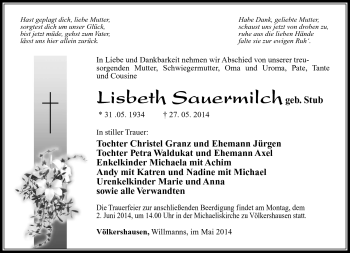 Traueranzeige von Lisbeth Sauermilch von Südthüringer Presse