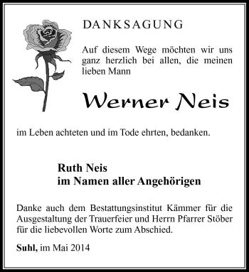 Traueranzeige von Werner Neis von Südthüringer Presse