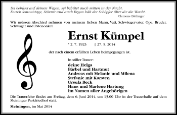 Traueranzeige von Ernst Kümpel von Südthüringer Presse