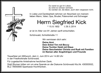 Traueranzeige von Siegfried Kick von Frankenpost