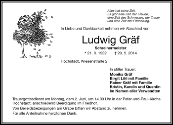 Traueranzeige von Ludwig Gräf von Frankenpost