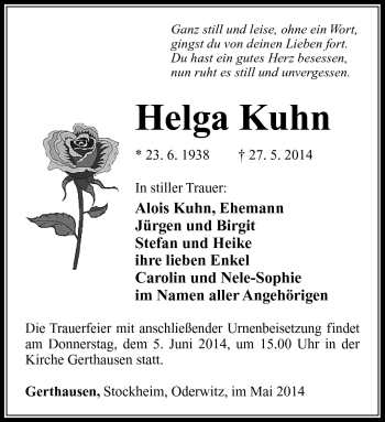 Traueranzeige von Helga Kuhn von Südthüringer Presse