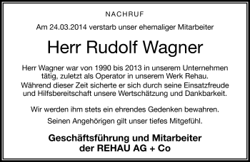 Traueranzeige von Rudolf Wagner von Frankenpost